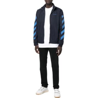 Off-White Men’ s Logo Printing Pattern Zipper Stand Collar Jacket Black Off-White Men’ s Logo Printing Pattern Zipper Stand Collar Jacket Black