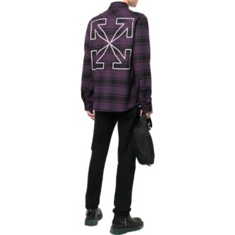 Off-White Men’ s Logo Printing Plaid Long Sleeves Dark Purple Shirt Off-White Men’ s Logo Printing Plaid Long Sleeves Dark Purple Shirt