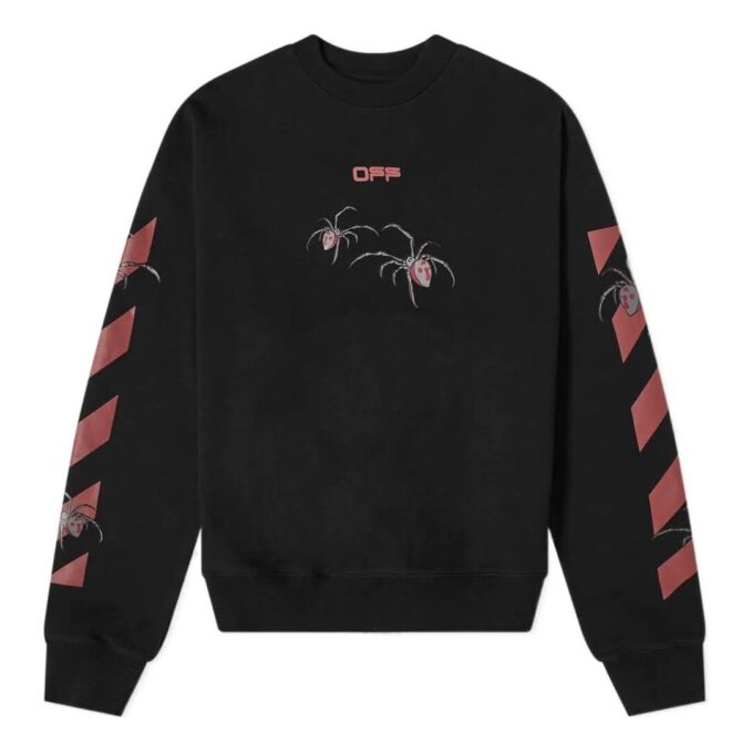 Off-White Men’ s Logo Spider Printing Round Neck Long Sleeves Black