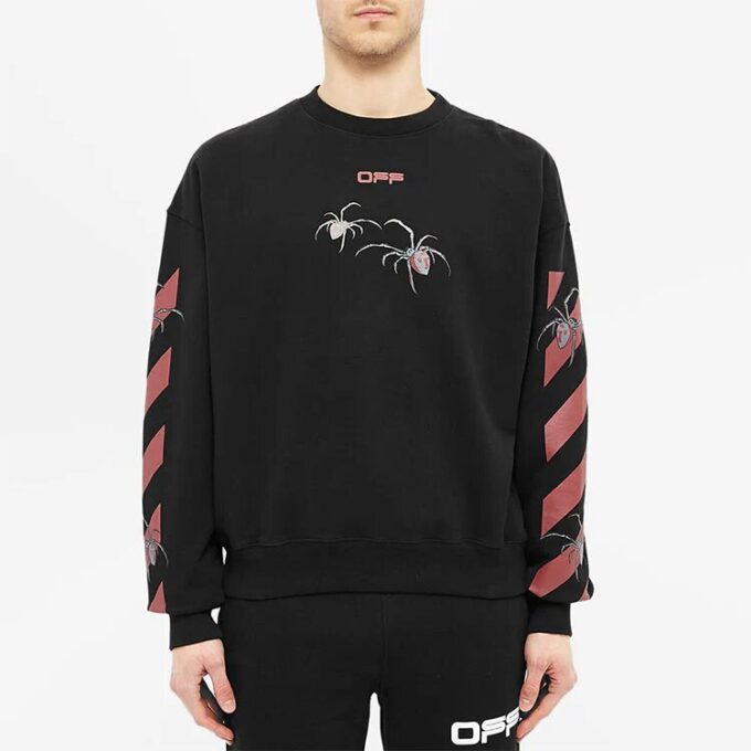 Off-White Men’ s Logo Spider Printing Round Neck Long Sleeves Black