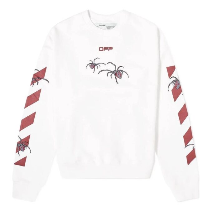 Off-White Men’ s Logo Spider Printing Round Neck Long Sleeves White