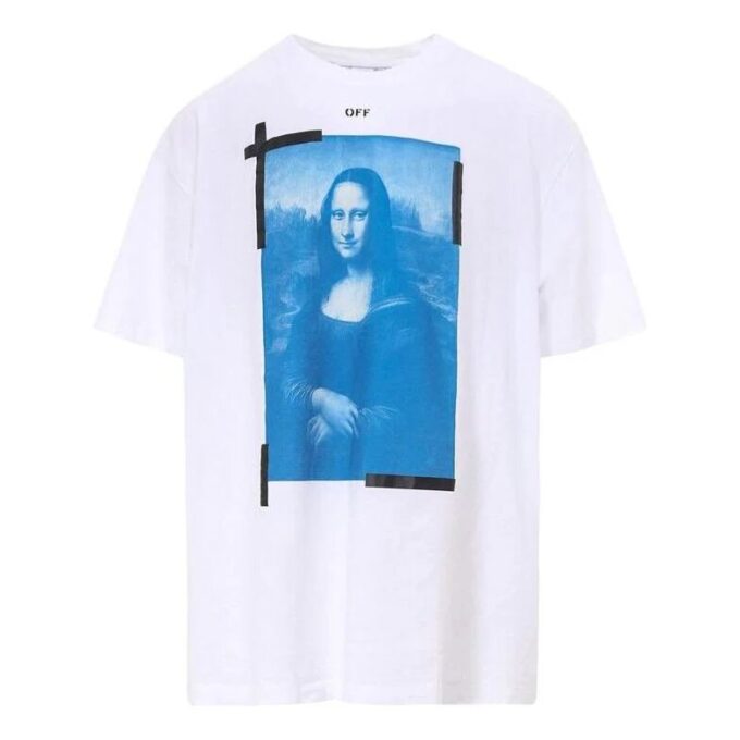 Off-White Men’ s Mona Lisa Arrow Printing Round Neck Pullover Short Sleeve White T-Shirt