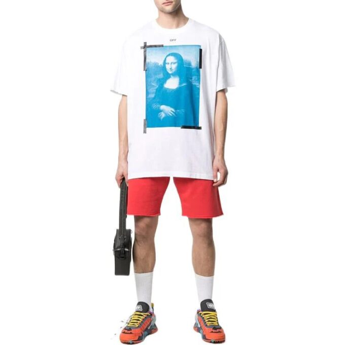 Off-White Men’ s Mona Lisa Arrow Printing Round Neck Pullover Short Sleeve White T-Shirt