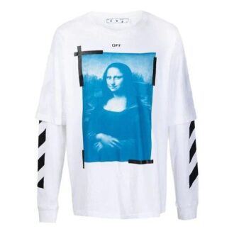Off-White Men’ s Mona Lisa Printing Round Neck Long Sleeves Loose Fit White T-Shirt Off-White Men’ s Mona Lisa Printing Round Neck Long Sleeves Loose Fit White T-Shirt