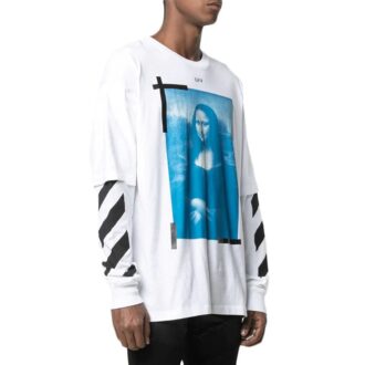 Off-White Men’ s Mona Lisa Printing Round Neck Long Sleeves Loose Fit White T-Shirt Off-White Men’ s Mona Lisa Printing Round Neck Long Sleeves Loose Fit White T-Shirt