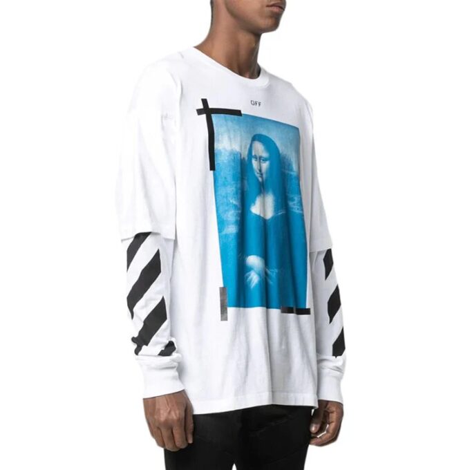 Off-White Men’ s Mona Lisa Printing Round Neck Long Sleeves Loose Fit White T-Shirt