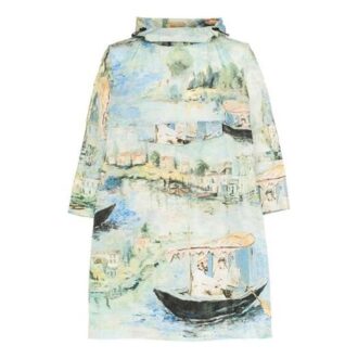 Off-White Men’ s Painting Pattern Mid-Length Nylon Pullover Hooded Loose Fit Green Windbreaker