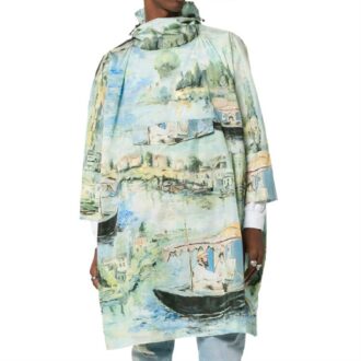 Off-White Men’ s Painting Pattern Mid-Length Nylon Pullover Hooded Loose Fit Green Windbreaker