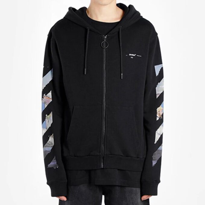 Off-White Men’ s Painting Printing Arrow Pattern Zipper Classic Black