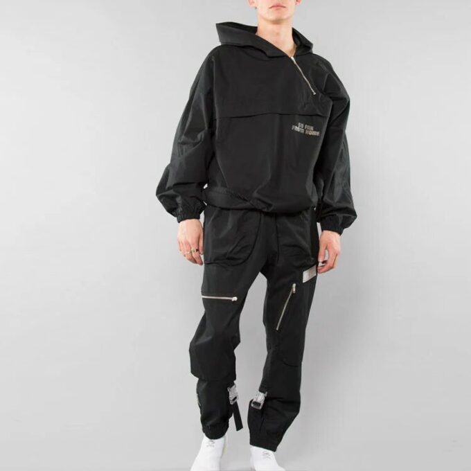 Off-White Men’ s Pattern Printing Diagonal Zipper Loose Fit Black