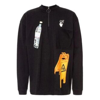 Off-White Men’ s Pattern Printing Round Neck Long Sleeves Loose Fit Black
