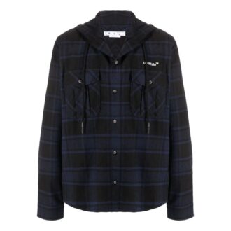 Off-White Men’ s Plaid Full Print Hooded Long Sleeves Blue Jacket