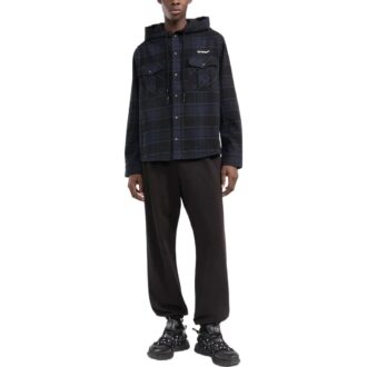 Off-White Men’ s Plaid Full Print Hooded Long Sleeves Blue Jacket
