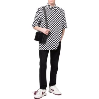 Off-White Men’ s Plaid Lapel Short Sleeve Black Shirt