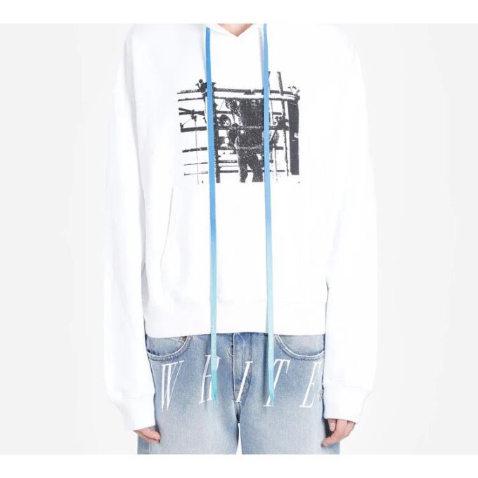 Off-White Men’ s Printed Logo Arrow Hooded Long Sleeves White