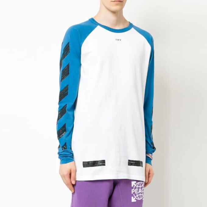 Off-White Men’ s Raglan Sleeve Colorblock Paint Arrow Long Sleeves Colorblock T-Shirt