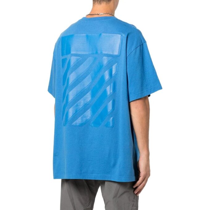 Off-White Men’ s Solid Color Back Large Logo Pullover Round Neck Short Sleeve Blue T-Shirt