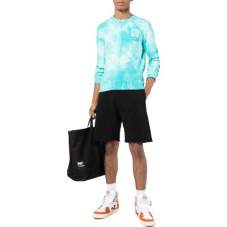 Off-White Men’ s Solid Color Back Printing Pattern Elastic Waistband Straight Shorts Black