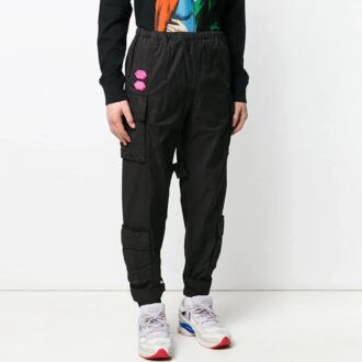 Off-White Men’ s Solid Color Cargo Pocket Sports Pants/Trousers/Joggers Loose Fit Black