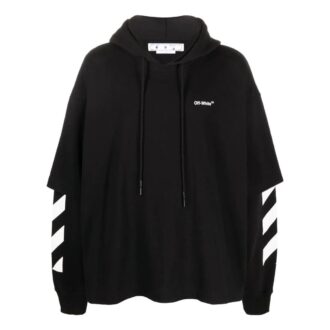 Off-White Men’ s Solid Color Stripe Printing Design Hooded Long Sleeves Black