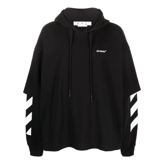 Off-White Men’ s Solid Color Stripe Printing Design Hooded Long Sleeves Black