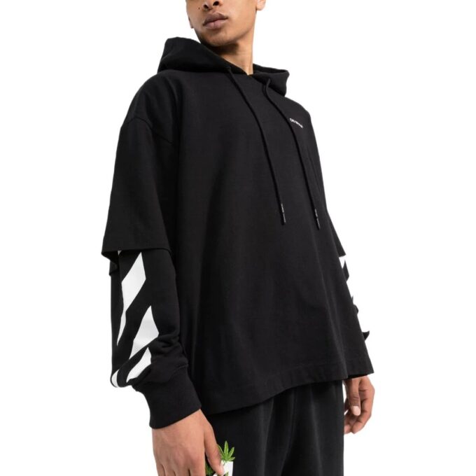 Off-White Men’ s Solid Color Stripe Printing Design Hooded Long Sleeves Black