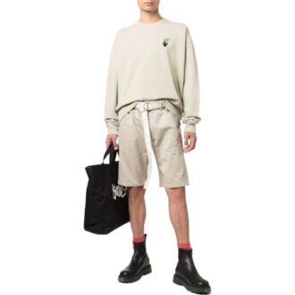 Off-White Men’ s Solid Color Waist Button Straight Cotton Shorts Creamy White