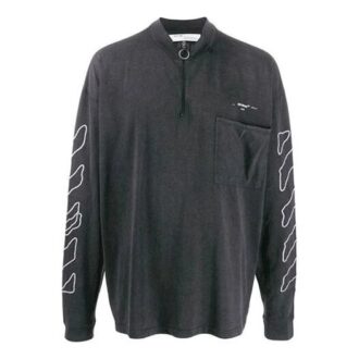 Off-White Men’ s SS21 Arrow Logo Pattern Half Zipper Long Sleeves Loose Fit Dark Grey T-Shirt