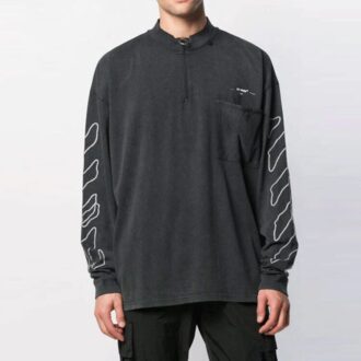 Off-White Men’ s SS21 Arrow Logo Pattern Half Zipper Long Sleeves Loose Fit Dark Grey T-Shirt