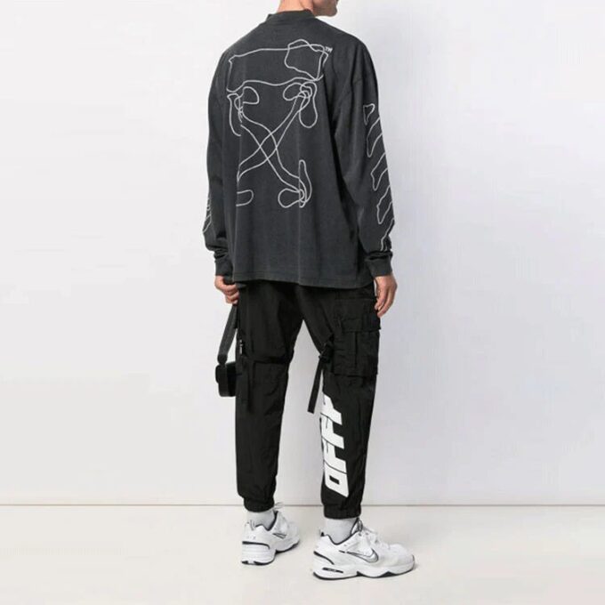 Off-White Men’ s SS21 Arrow Logo Pattern Half Zipper Long Sleeves Loose Fit Dark Grey T-Shirt