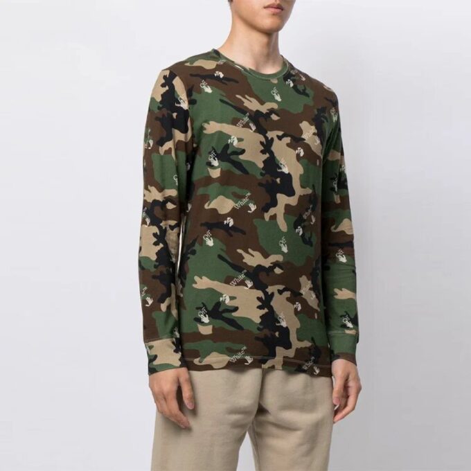 Off-White Men’ s SS21 Camouflage Printing Loose Long Sleeves Green T-Shirt