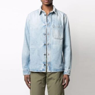 Off-White Men’ s SS21 Lapel Buckle Long Sleeves Blue Shirt