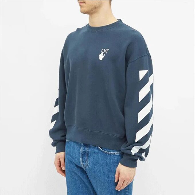 Off-White Men’ s SS21 Logo Printing Stripe Round Neck Loose Fit Blue