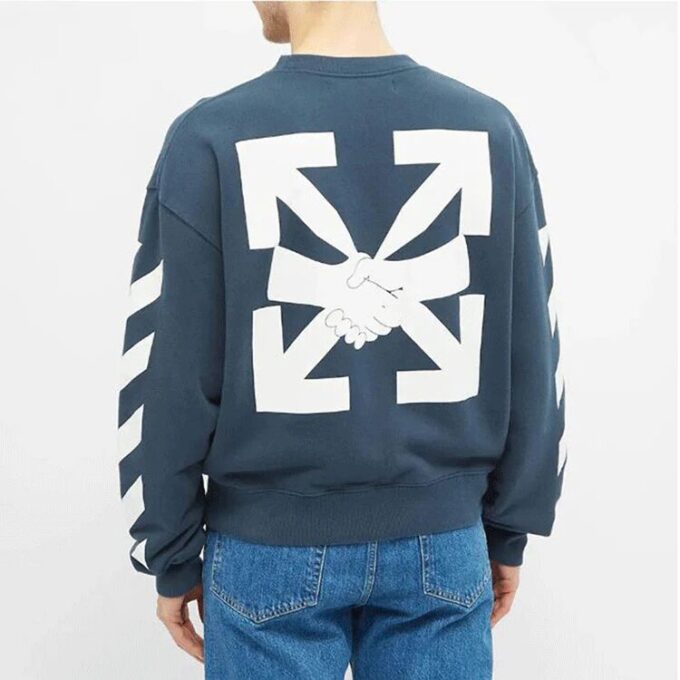 Off-White Men’ s SS21 Logo Printing Stripe Round Neck Loose Fit Blue