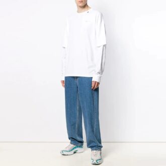 Off-White Men’ s SS21 Logo Twill Printing Long Sleeves Creamy White T-Shirt