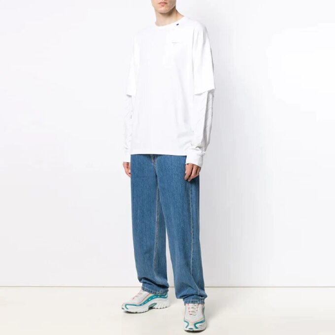 Off-White Men’ s SS21 Logo Twill Printing Long Sleeves Creamy White T-Shirt