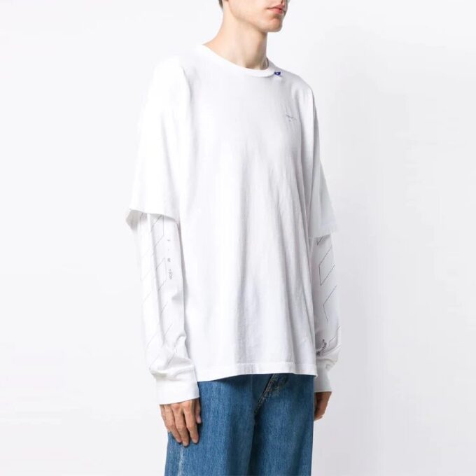 Off-White Men’ s SS21 Logo Twill Printing Long Sleeves Creamy White T-Shirt