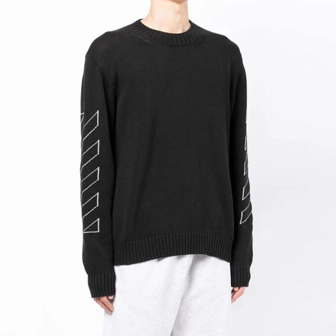 Off-White Men’ s SS22 Arrow Printing Round Neck Pullover Long Sleeves Wool Sweater Black