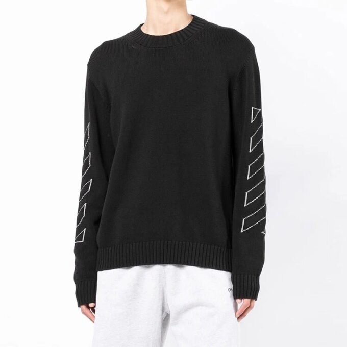 Off-White Men’ s SS22 Arrow Printing Round Neck Pullover Long Sleeves Wool Sweater Black