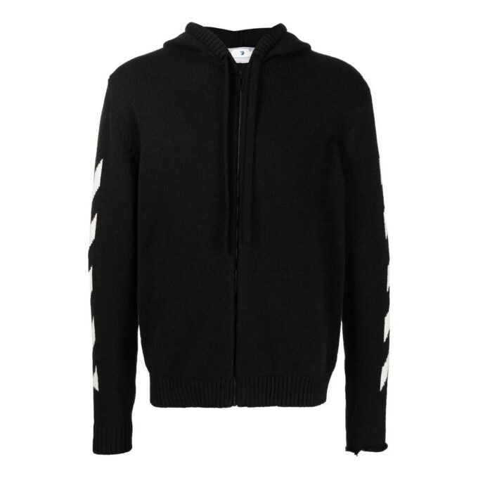 Off-White Men’ s SS22 Back Classic Logo Printing Zipper Hooded Long Sleeves Ordinary Version Black