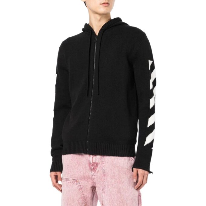 Off-White Men’ s SS22 Back Classic Logo Printing Zipper Hooded Long Sleeves Ordinary Version Black