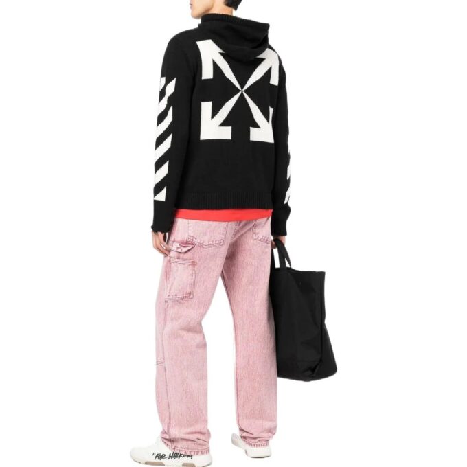 Off-White Men’ s SS22 Back Classic Logo Printing Zipper Hooded Long Sleeves Ordinary Version Black