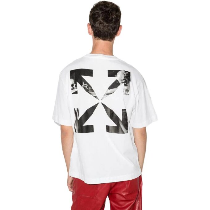 Off-White Men’ s SS22 Caravaggio Arrow Pattern Logo Printing Round Neck Short Sleeve White T-Shirt