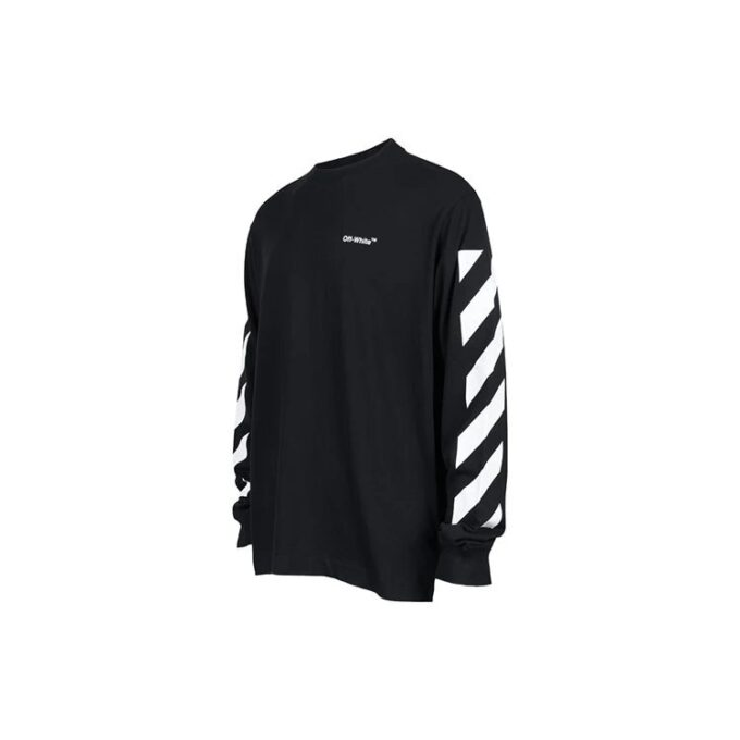 Off-White Men’ s SS22 Diag Alphabet Stripe Pattern Pullover Long Sleeves Loose Fit Black T-Shirt