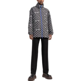 Off-White Men’ s SS22 Geometry Pattern Full Print Stand Collar Hooded Jacket Version Autumn Black Off-White Men’ s SS22 Geometry Pattern Full Print Stand Collar Hooded Jacket Version Autumn Black
