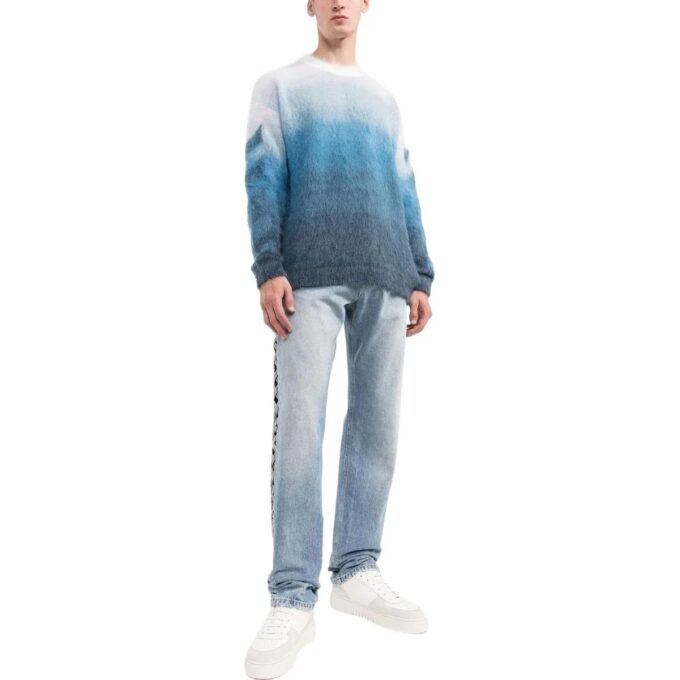 Off-White Men’ s SS22 Gradient Stripe Printing Pullover Round Neck Long Sleeves Wool Sweater Version Blue