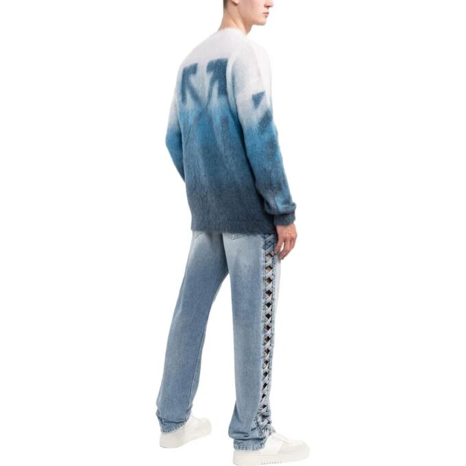 Off-White Men’ s SS22 Gradient Stripe Printing Pullover Round Neck Long Sleeves Wool Sweater Version Blue