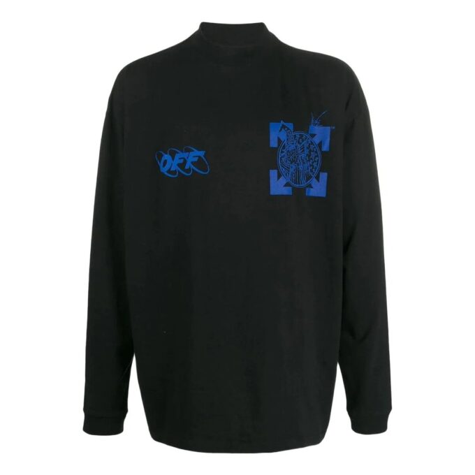 Off-White Men’ s SS22 Logo Arrow Printing Half Turtleneck Long Sleeves Black T-Shirt