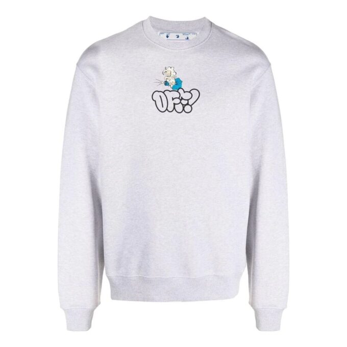 Off-White Men’ s SS22 Logo Cartoon Printing Round Neck Pullover Loose Fit Gray