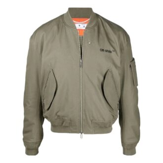 Off-White Men’ s SS22 Logo Embroidered Ribbed Collar Aviator Jacket Military Green